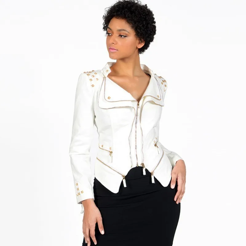 

Motor Jacket White Zip Rivet Jackets For Women Autumn 2020 Woman Denim jacket Turn-Down Collar Womens Coats Plus Size S-6XL