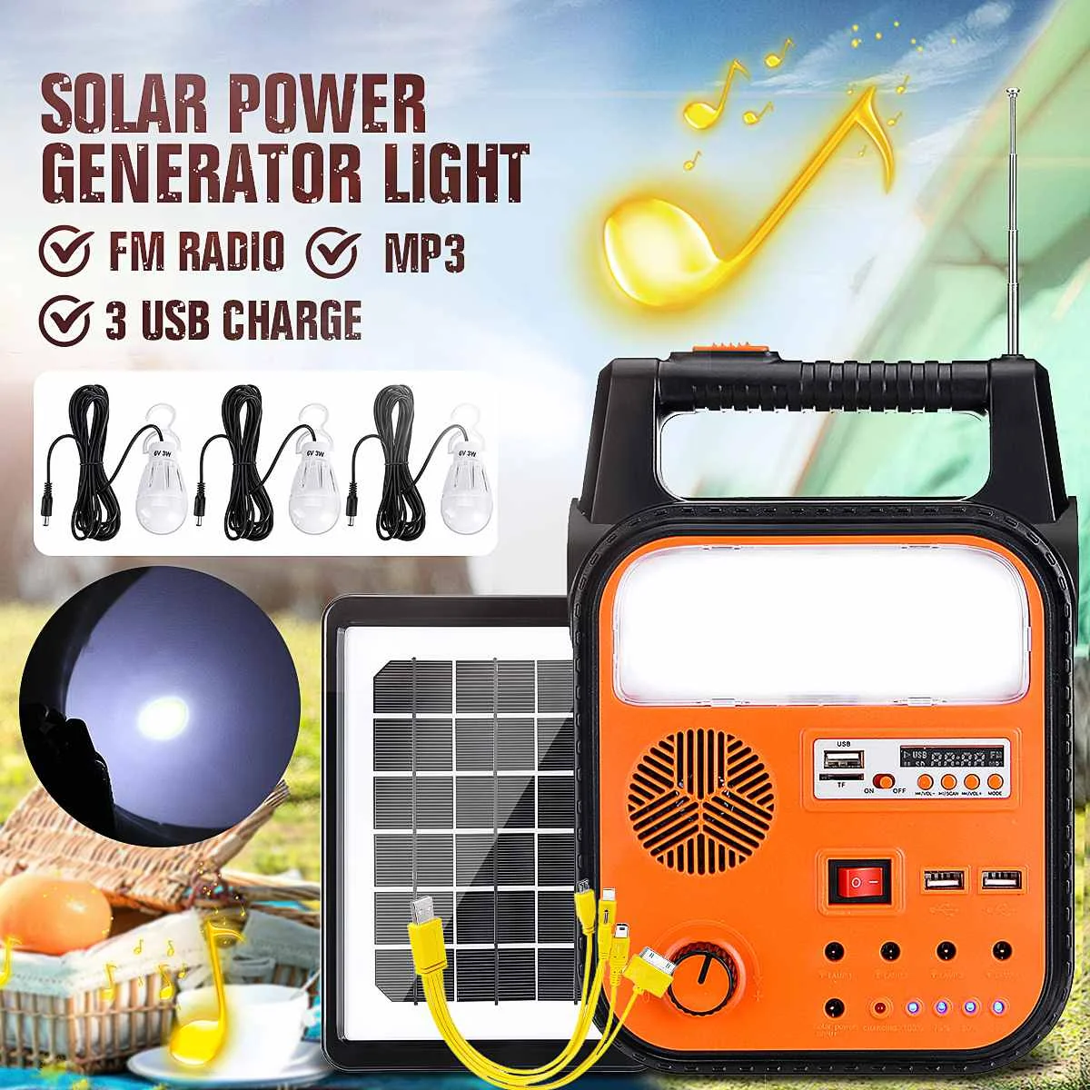 

Solar Power Generator Home System Storage Generator 110V-220V USB Charging 4500mAh With 3 LED Bulbs FM Radio MP3 Functions