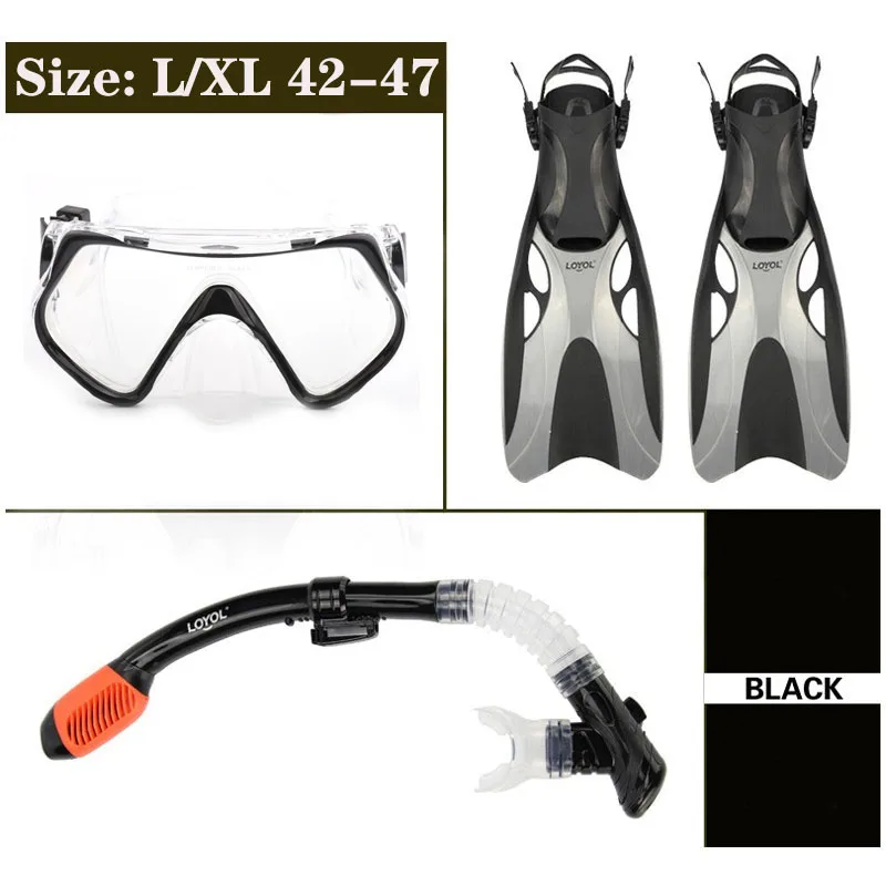 Профессиональная маска для дайвинга набор плавников для дайвинга водонепроницаемые очки для мужчин женщин трубка для подводного плавания для взрослых детей подводное плавание очки для плавания - Цвет: Black Size L XL