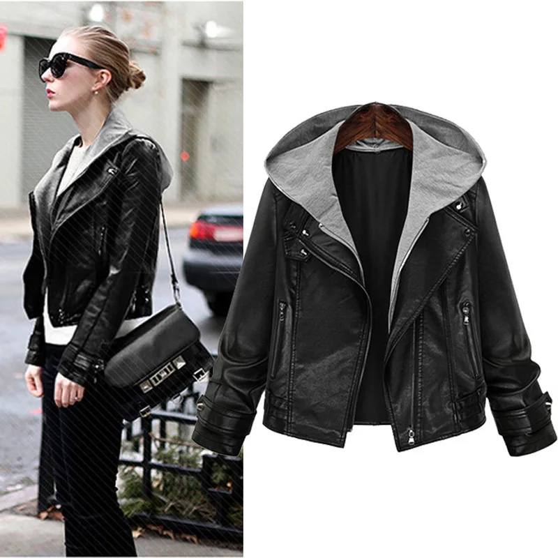 ZOGAA 2020 New PU Leather Woman Coat Short Hooded Jacket America Style Fashion Street Wear One Color XL-5XL Size Women Outwear