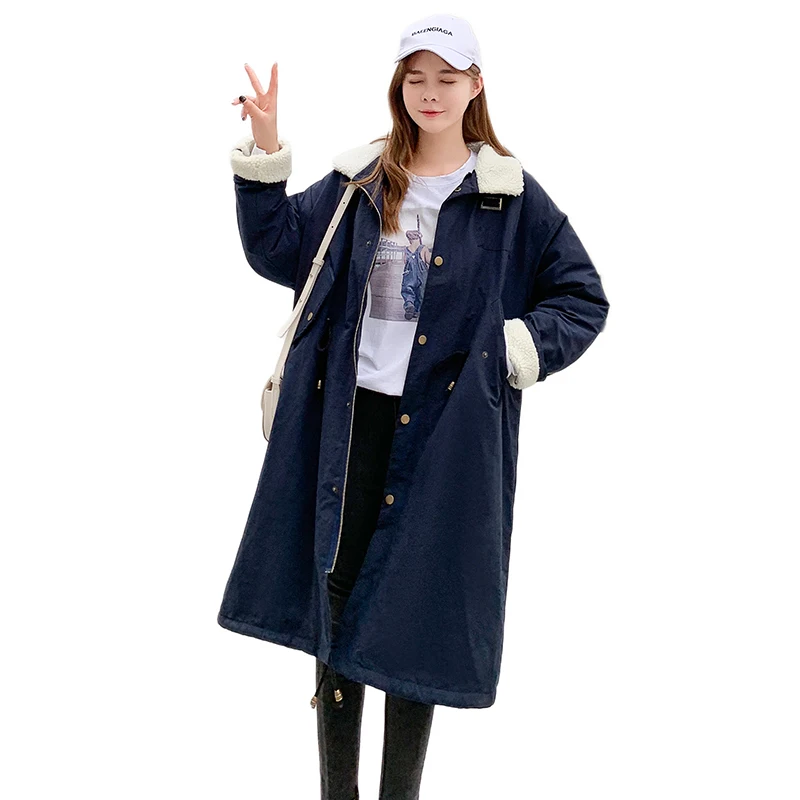 

Lingwave Large Size Lamb Wool Cotton Outerwear Women Mid-Length Loose Winter Jacket Thicken All-Match Navy Blue Parka Coat