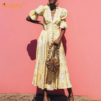 

2020 Autumn New Fashion V-neck Puff Sleeve Single-breasted Belt Print Mid-length Dress Celebrity Club Party A-line Dress Vestido