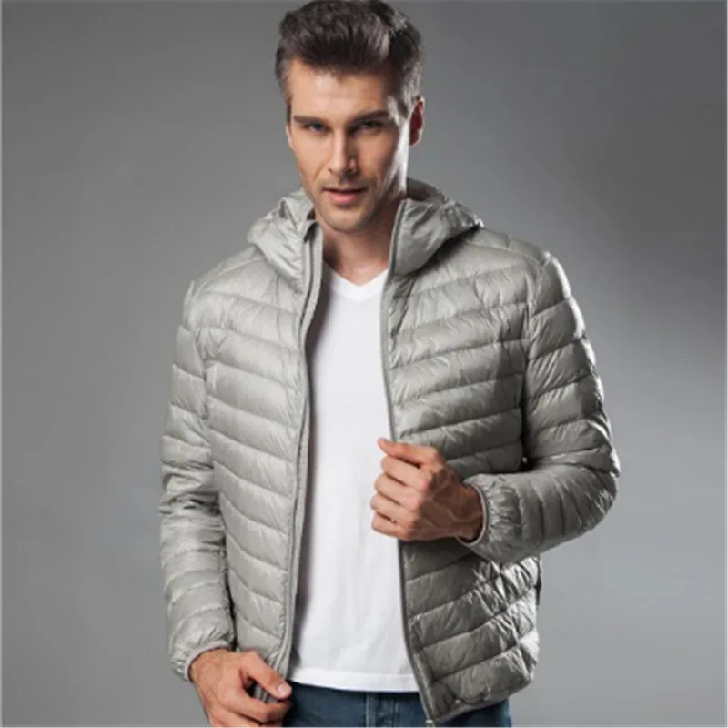 Men's Hooded Jackets Light Thin Warm Duck Down Filler Autumn Winter Male Loose Coats Plus Size 4XL 5XL 6XL for Weight:50-145kg - Цвет: Серый