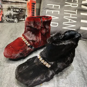

Snow Boots Mink Short Boots Women Winter Warmth And Velvet Women Boots Rhinestone Color Large Size Shoes Flat Fur Ladies Shoes