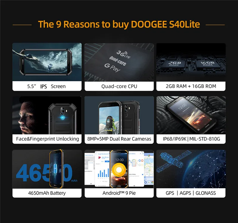 DOOGEE S40 Lite WCDMA 3g 5,5 дюймовый мобильный телефон ram 2 Гб rom 16 Гб MT6580 четырехъядерный Android 9,0 Быстрая зарядка две sim-карты NFC Смартфон