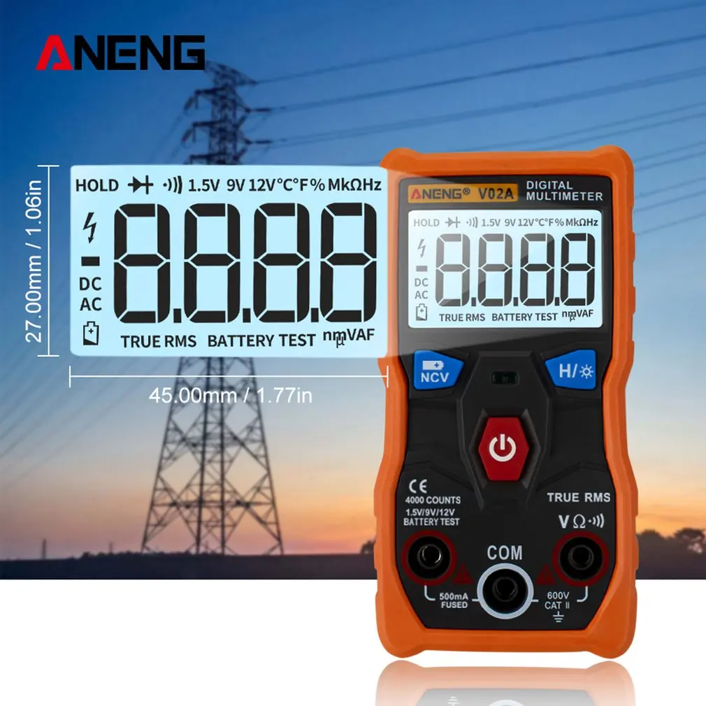 Aneng V02A мультиметр для передачи данных Ncv цифровой ЖК-дисплей Вольтметр переменного/постоянного тока Автоматический диапазон диодное Сопротивление Частота Емкость Тестер