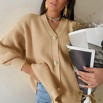 

Casual v-Neck Knitted Cardigan Women Autumn Winter Lantern Sleeve Button Female Cardigan Fashion Ladies Oversize Sweater