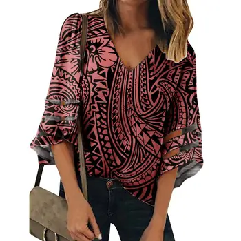 

Polynesian tribal style custom Printed Bell Sleeve V Neck Lace Patchwork Blouse Loose Shirt Tops Woman Casual Clothes wholesale