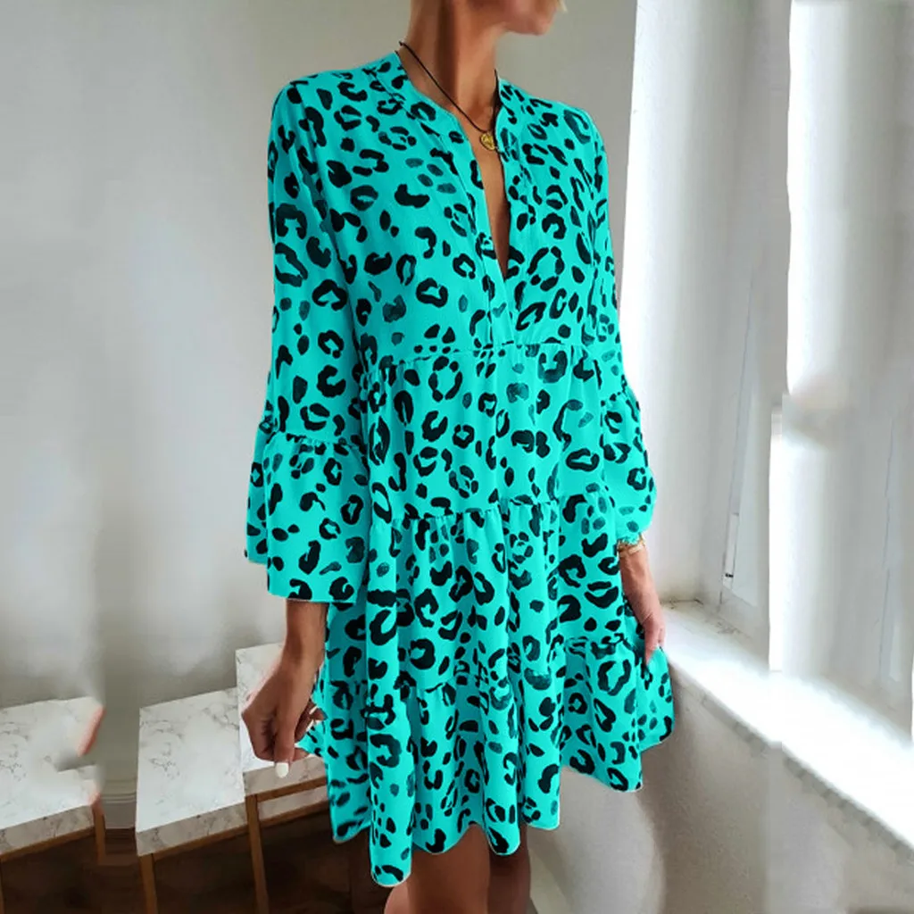 

Fashion Women V-Neck Three Quarter Flare Sleeve Leopard Print Draped boho dress christmas dress women vestidos tallas grandes