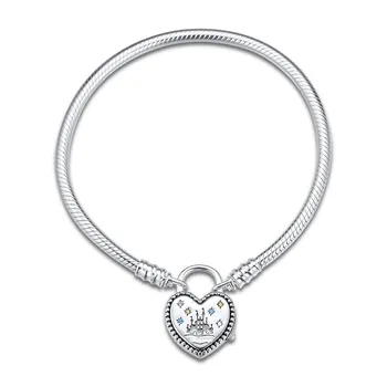 

Cartoon Princess Castle Heart Lock Clasp Snake Chain Charms Bracelets for Women Fashion 925 Sterling Silver Bracelets Jewelry