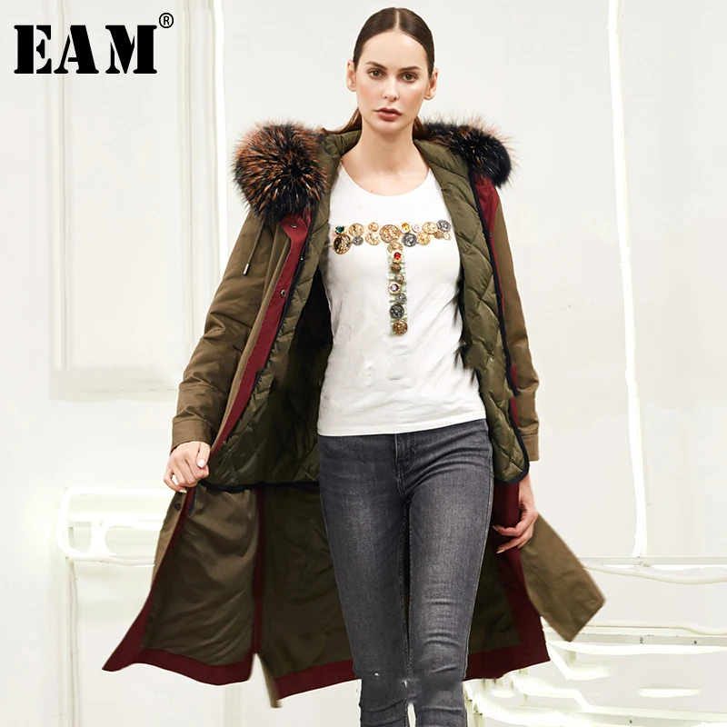 

[EAM] Hooded Warm Big Fur Collar Drawstring Down Jacket Long Sleeve Loose Fit Women Parkas Fashion New Autumn Winter 2019 1A395