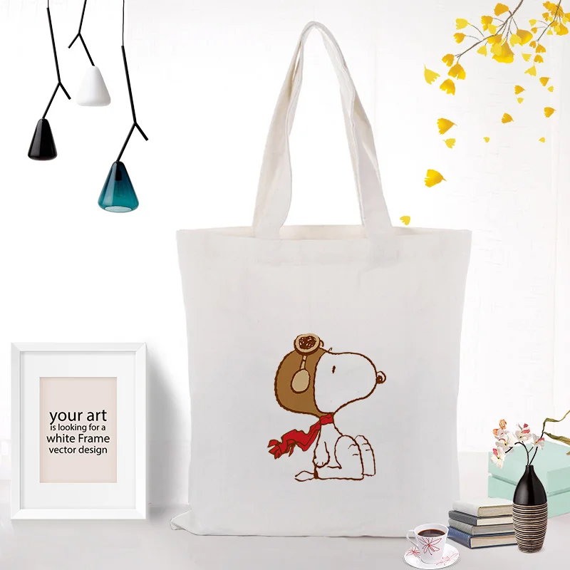 SNOOPY017 Милая Холщовая Сумка-тоут с рисунком собаки из мультфильма, текстовая сумка для рукоделия, индивидуальная печать логотипа, повседневное использование, Экологичная многоразовая хозяйственная сумка, переработанная - Цвет: SNOOPY017