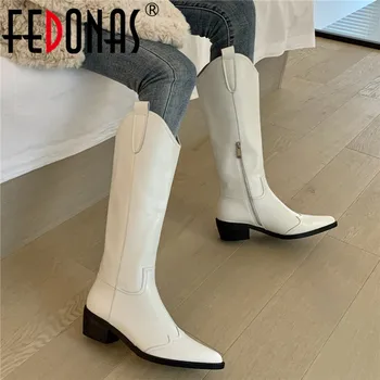 

FEDONAS INS Hot Side Zipper Shoes Woman Leather Pointed Toe Knee High Heels Boots Boots 2020 Winter Wedding Knee High Boots