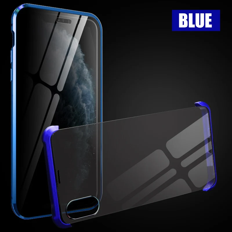 Blue 2Pcs Privacy and Rimless Tempered Glass Magnetic Case for iPhone 7 8 Plus XS MAX XR Full Body Protection Magnetic Case Cover - Цвет: Blue