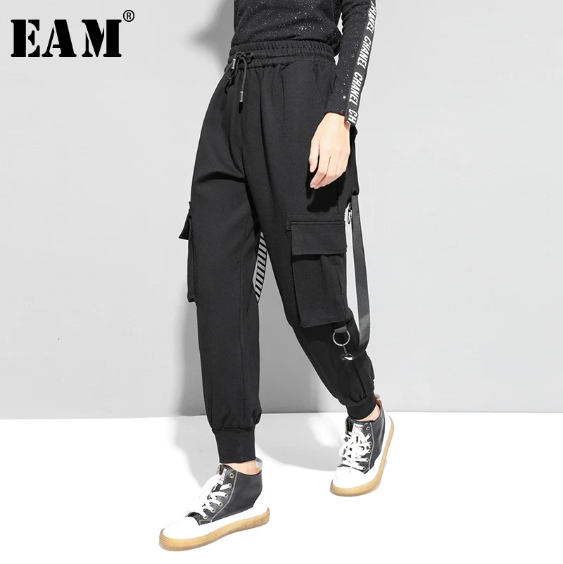 

[EAM] High Elastic Waist Black Pocket Split Long Harem Trousers New Loose Fit Pants Women Fashion Spring Autumn 2020 19A-a233