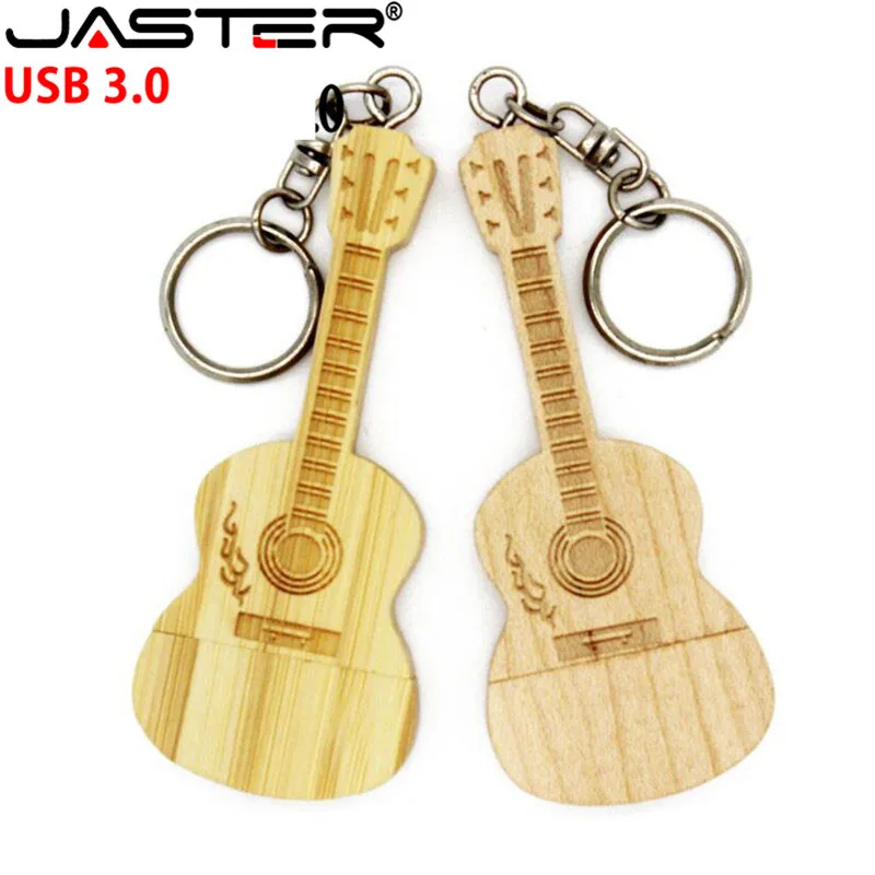 

JASTER USB 3.0 wooden guitar usb with metal keychain USB flash drive pendrive 8GB 16GB 32GB 64GB customer LOGO wedding gift