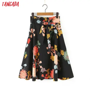 

Tangada women floral print A-line midi skirt with slash vintage side zipper office ladies elegant chic mid calf skirts 3Z83