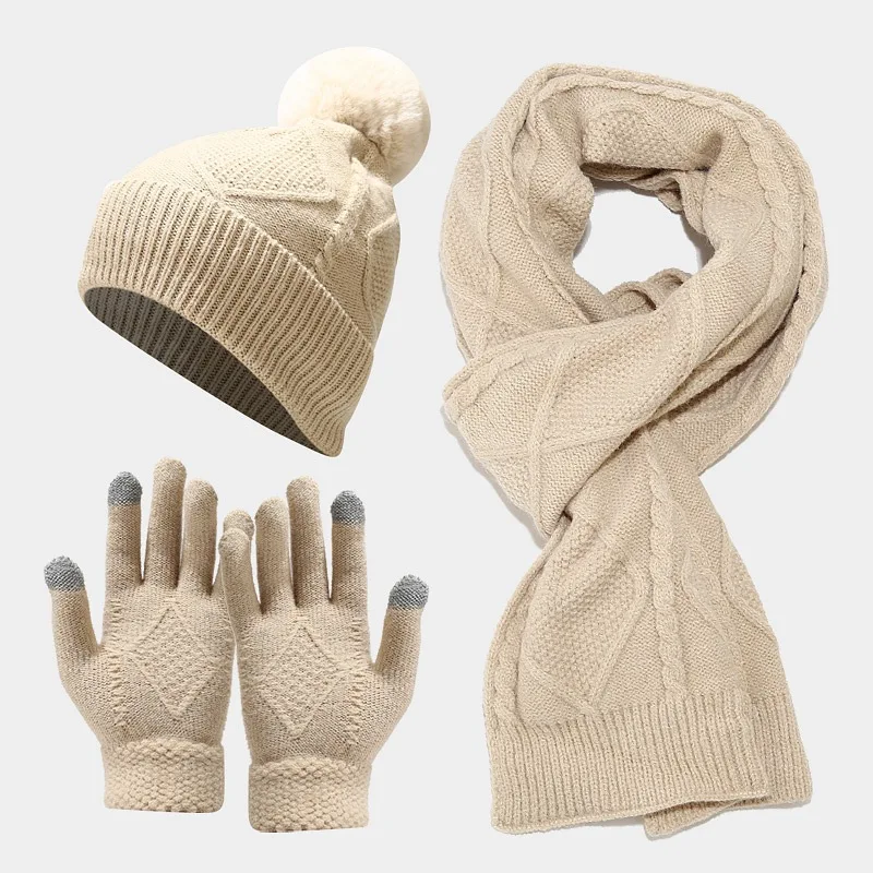 Womens Scarf Sets Winter Hat Scarf Gloves Knitted Keep Warm Scarves Simple Solid Color Clothes Accessories Thick Soft Scarf Set