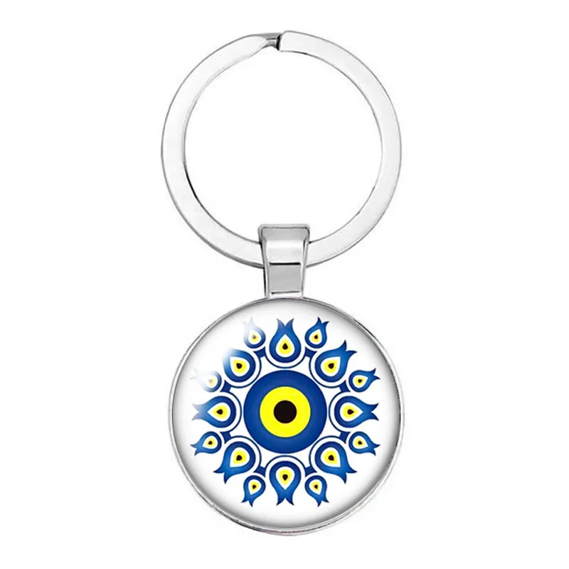 Porte-clés cabochon rond en verre avec photo religieuse, mauvais œil bleu, beauté, anneau de support de voiture, cadeau de sangle