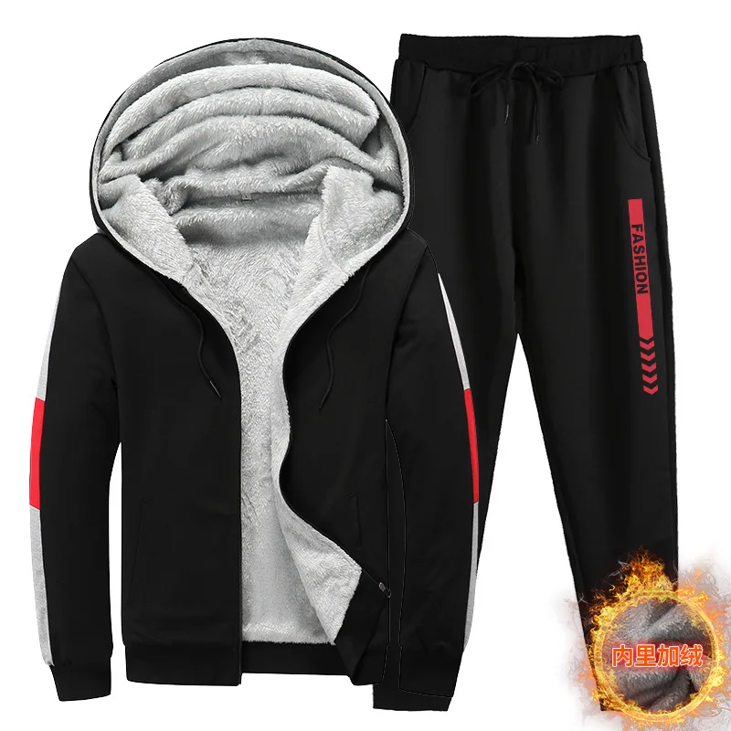 U39 Black Теплый мужской комплект модный брендовый спортивный костюм с подкладкой из плотного бархата толстовка брюки спортивный костюм мужской зимний костюм флисовые брюки - Цвет: U39 Black