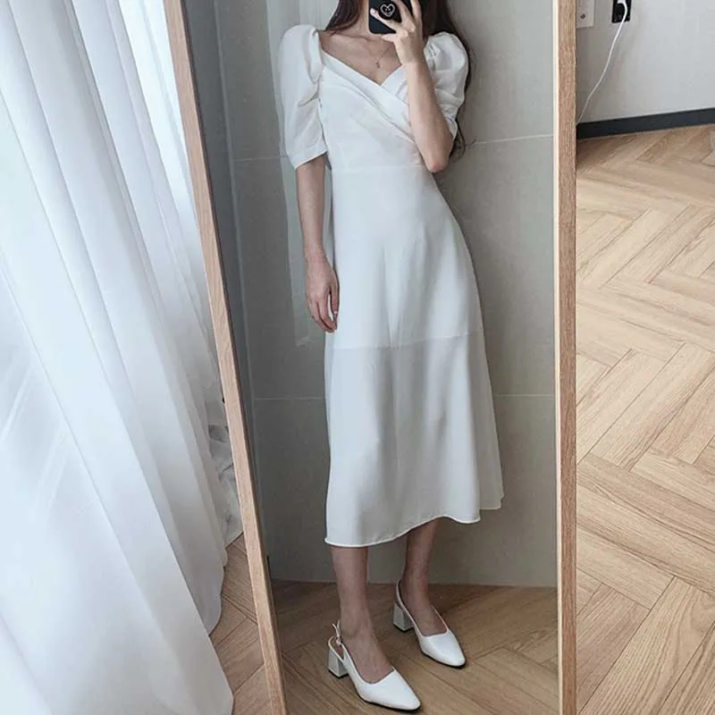 2020 One-Piece French Lady Dress Summer Elegant V-Neck Puff Sleeve Waist Chiffon Dress Women Party Holiday Dress Vestidos Female