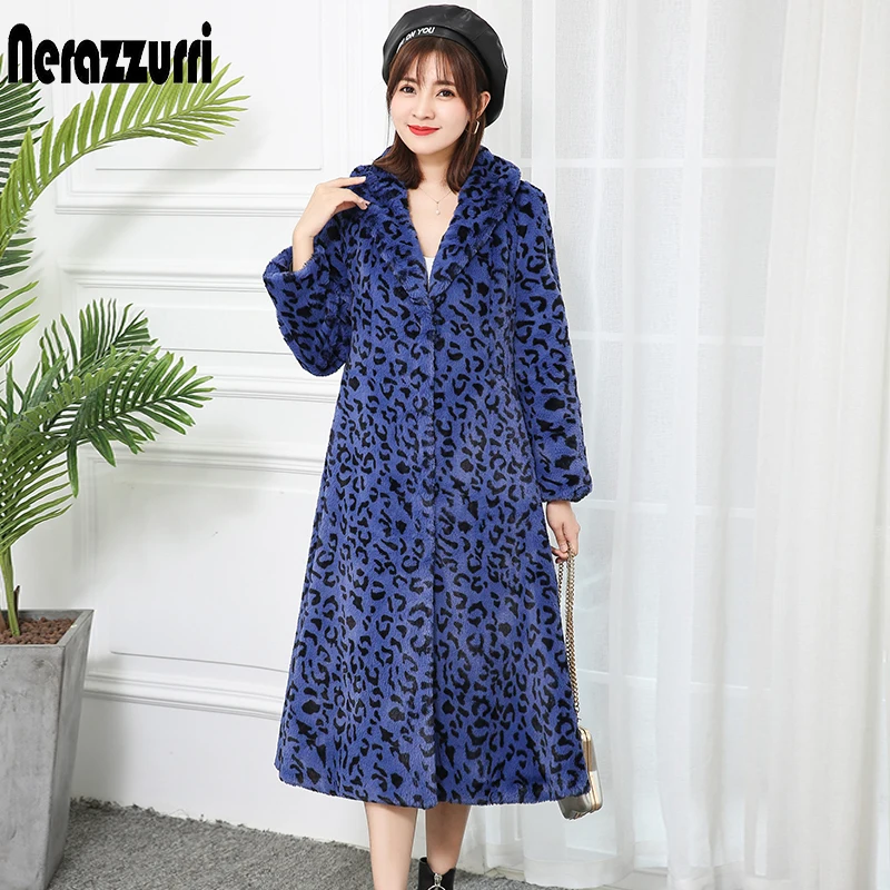 Blue leopard print Nerazzurri Элегантное длинное пальто из искусственного меха женская этикетка Леопардовый принт пушистое шуба из искусственного меха большого размера зимняя верхняя одежда 6xl 7xl плюс размеры для женщин шуба из экомеха - Цвет: Blue leopard print