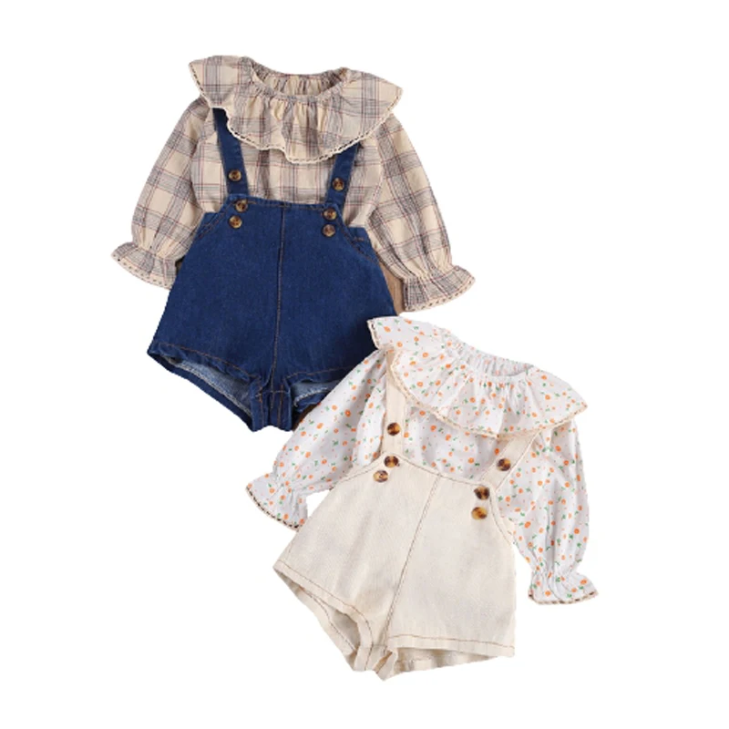 

lioraitiin 0-24M Toddler Infant Baby Girl Fashion 2Pcs Clothing Set Long Sleeve Plaid Top Straps Blue Demin Shorts