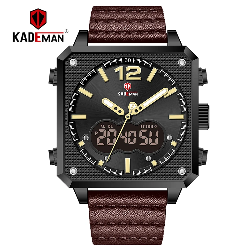 Топ люксовый бренд KADEMAN Мужские Аналоговые Цифровые спортивные часы из натуральной кожи квадратной формы кварцевые часы Relogio Masculino K9038 - Цвет: black brown
