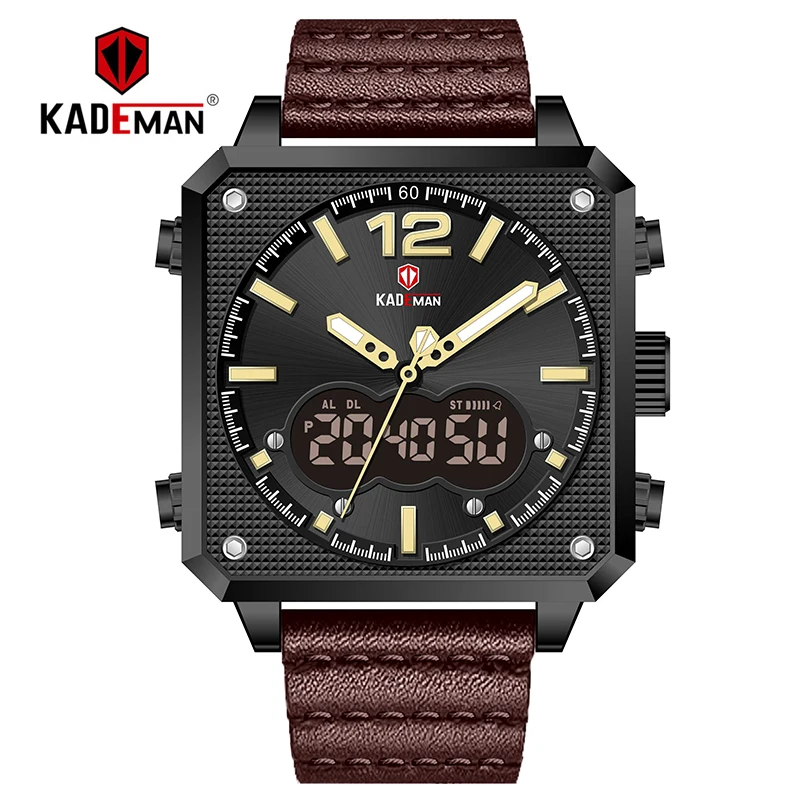 black brown Топ люксовый бренд KADEMAN Мужские Аналоговые Цифровые спортивные часы из натуральной кожи квадратной формы кварцевые часы Relogio Masculino K9038 - Цвет: black brown
