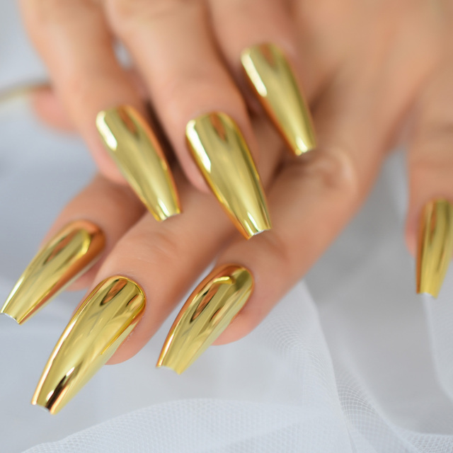 Punk Rock Style Metallic Pastel Purple Fake False Nails Metal Plating Acrylic Short Mirror Press on Nail Art Tips