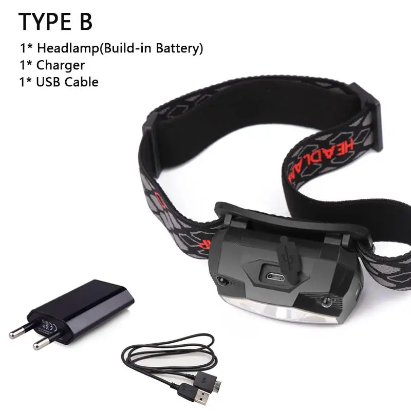 TYPE B ИК-датчик светодиодный налобный фонарь со встроенным аккумулятором usb Перезаряжаемый мини-головной светильник cob головная лампа вспышка светильник вес для детей светильник - Испускаемый цвет: TYPE B
