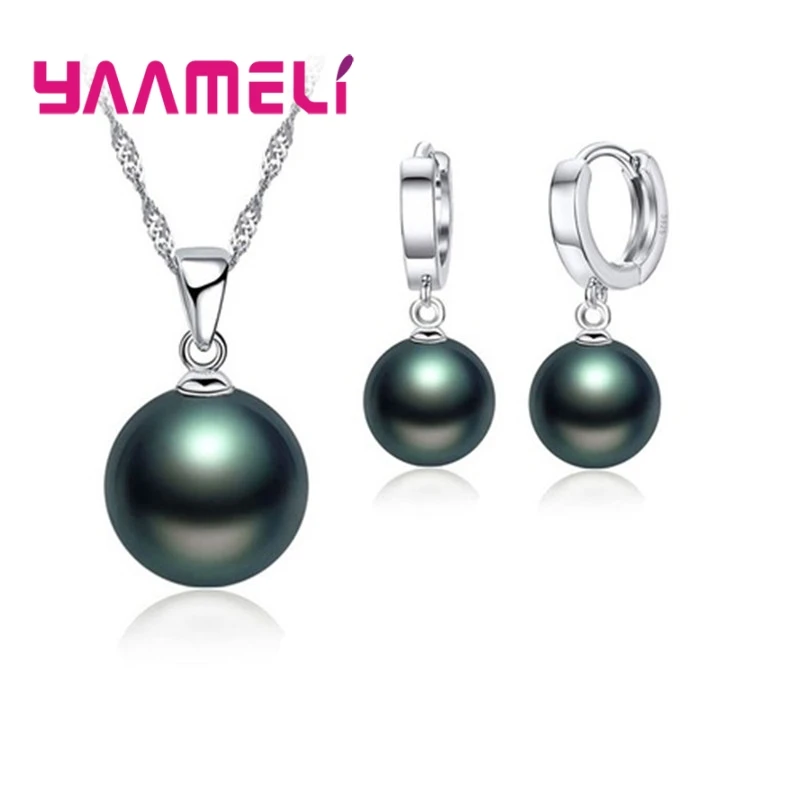 Smooth Women Wedding Jewelry Sets 925 Sterling Silver Ball Round Freswater Pearl Necklace Hoop Earrings Fashion Accessories 3