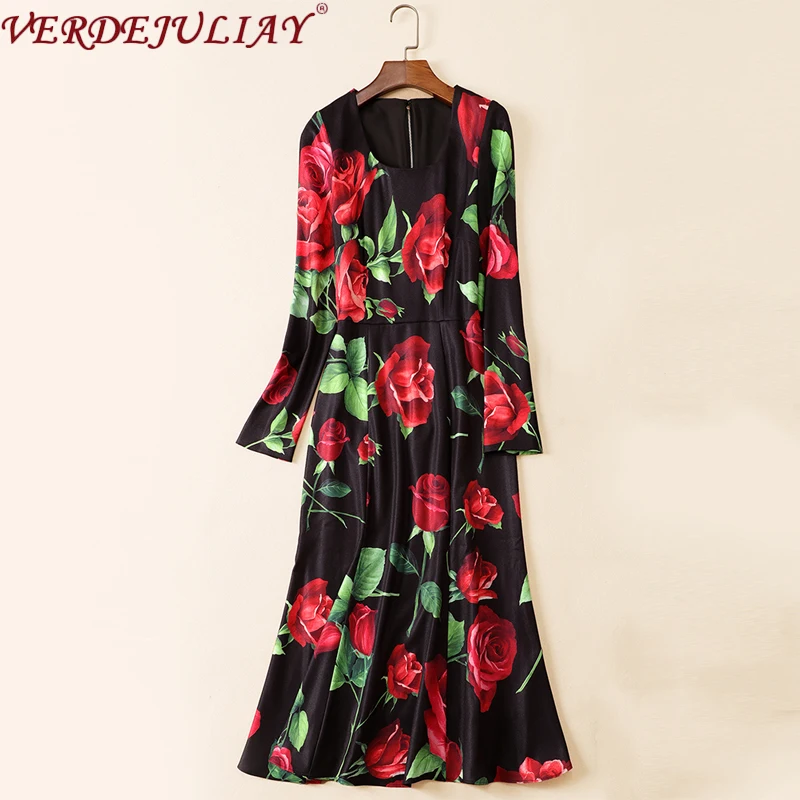 

VERDEJULIAY 2020 Fashion Runway Autumn Winter Dress Women's Long Sleeve Vintage Floral Print Ruffles Elegant Midi Dress