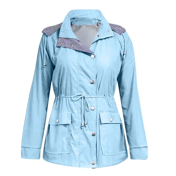 Light blue Женская однотонная дождевая куртка на открытом воздухе водонепроницаемая с капюшоном ветрозащитный плащ карманное пальто ветровка карманное пальто быстросохнущая походная куртка - Цвет: Light blue