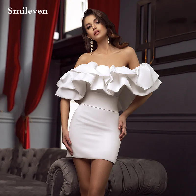 

Smileven Ivory Smiple And Cleann Satin Short Evening Dress Ruffles Off The Shoulder Mini Prom Gowns Formal Party Celebrity Dress
