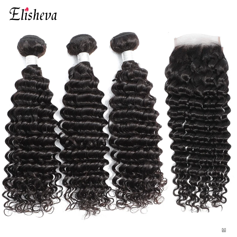 

Peruvian Deep Wave Bundles With Closure 4 Pcs/Lot Human Hair Bundles With Closure Remy Hair Lace Closure With Bundles Elisheva
