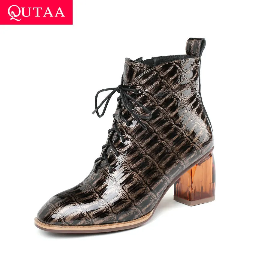 

QUTAA 2020 Genuine Leather Autumn All Match Women Shoes Fashion Square High Heel Zipper Lace Up Casual Ankle Boots Size 34-42