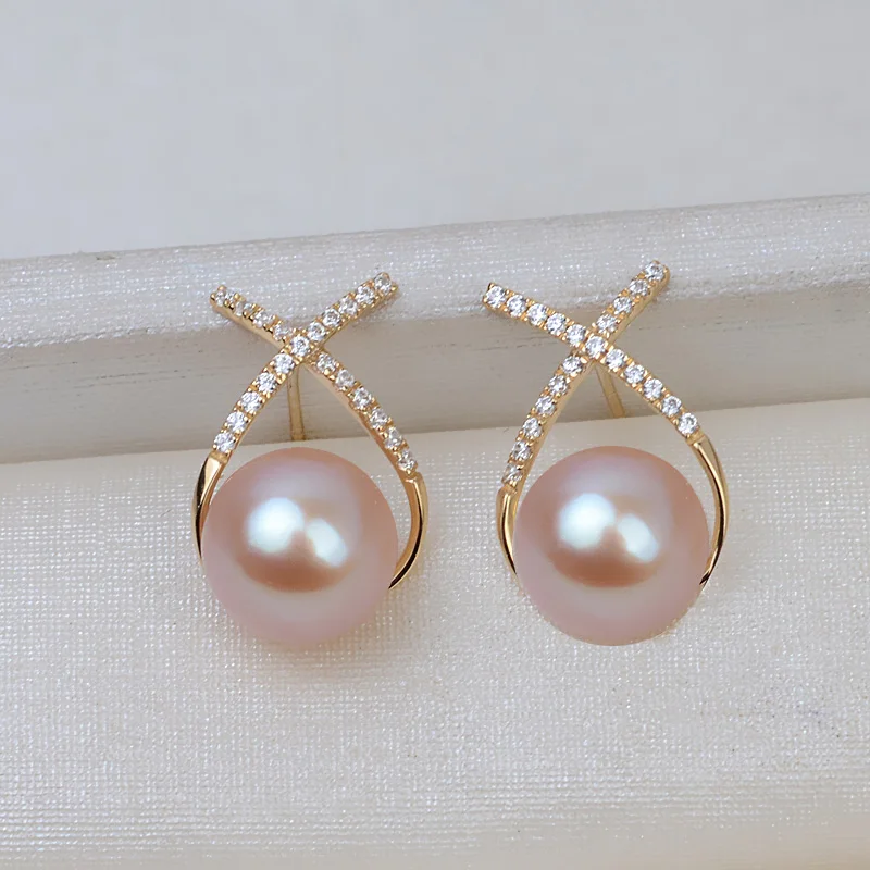 MeiBaPJ 18K Genuine Gold Natural Freshwater Round Pink Pearl Stud Earrings Flower Wedding Jewelry for Women | Украшения и