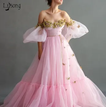 

Charming Pink A-line Off Shoulder Tulle Evening Party Dresses With Gold Appliques Formal Prom Gowns Dubai Long Vestido De Festa