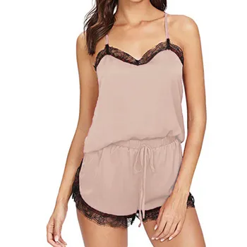 

Hot Women Sleepwear Pyjama Sets Sleeveless Strap Lace Trim Satin Cami Top Nightwear Femme Sexy Summer Home Wear Sleep Wears #R25