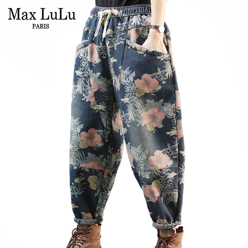 Max LuLu зимние модные корейские женские панковские брюки женские цветочные меховые теплые джинсы эластичные утепленные шаровары Повседневная Уличная одежда