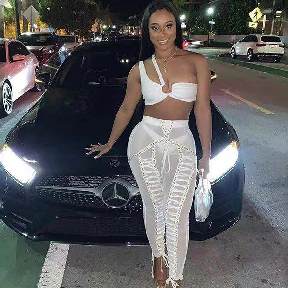 2020 new fashion sexy white womens set one-shoulder top & tpencil trousers 2 two-piece club celebrity party Bodycon pants set