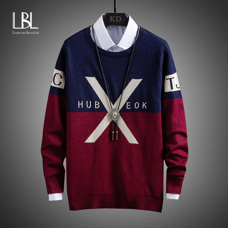 

Sweater Men Casual O-Neck Pullover Autumn Slim Fit Long Sleeve Shirt Mens Patchwork Sweaters Knitted Cashmere Wool Pull Homme