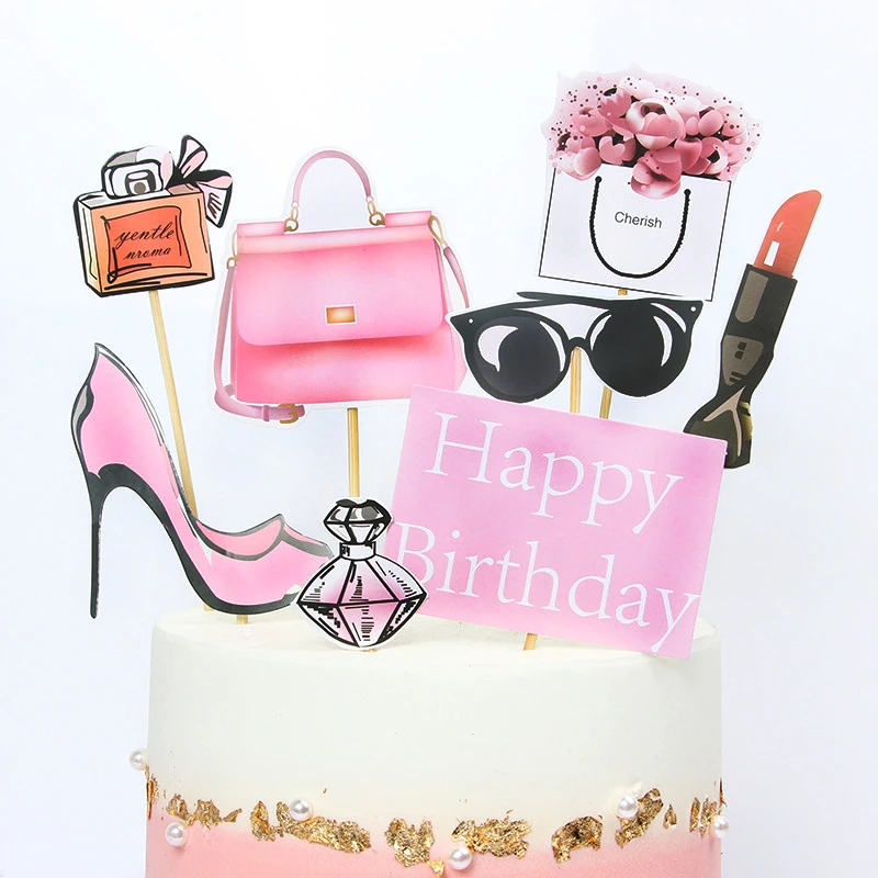 8 9 Pieces Rose Joyeux Anniversaire Gateau Topper Pour Fete De Mariage Cupcake Fete Decoracion Mode Rouge A Levres Opper Gateau Fournitures Fleur Aliexpress