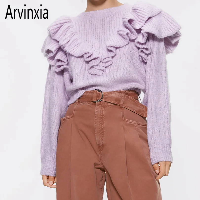 Arvinxia ZA/модные однотонные женские свитера с круглым вырезом и оборками новые