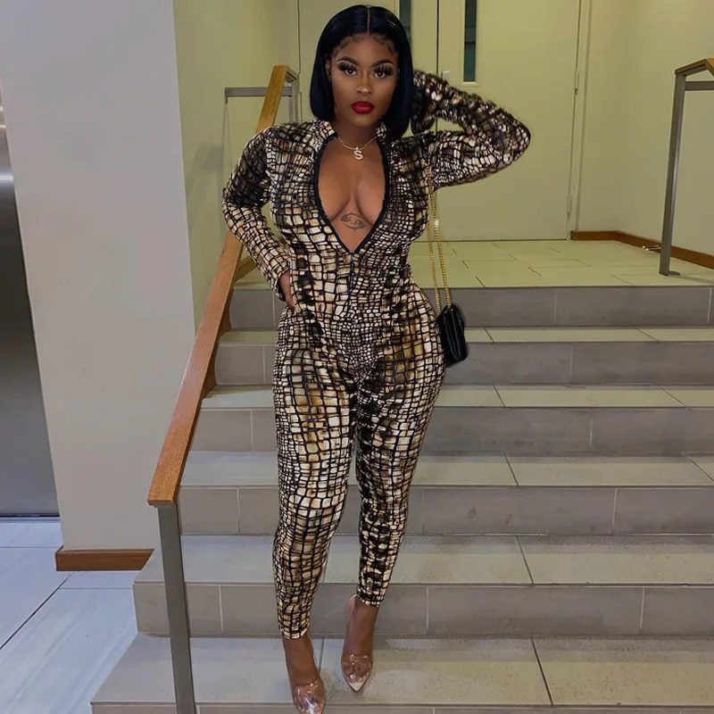 

Slim Mesh Diaphaneity Zipper V Neck Women's Jumpsuits Hot Crystal Sequin Party Dance Sexy Long Sleeve Jumpsuit Women Tight