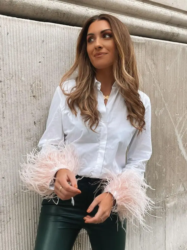Camicetta da donna Vintage elegante Sexy con piume pelose camicia