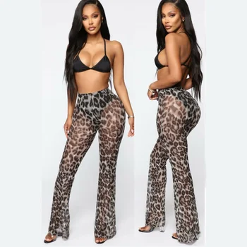 

New Womens Leopard Sexy Beach Mesh Sheer Pants See Through Flare Pants Cover Up Beach Wear Ruffle Pants Trousers