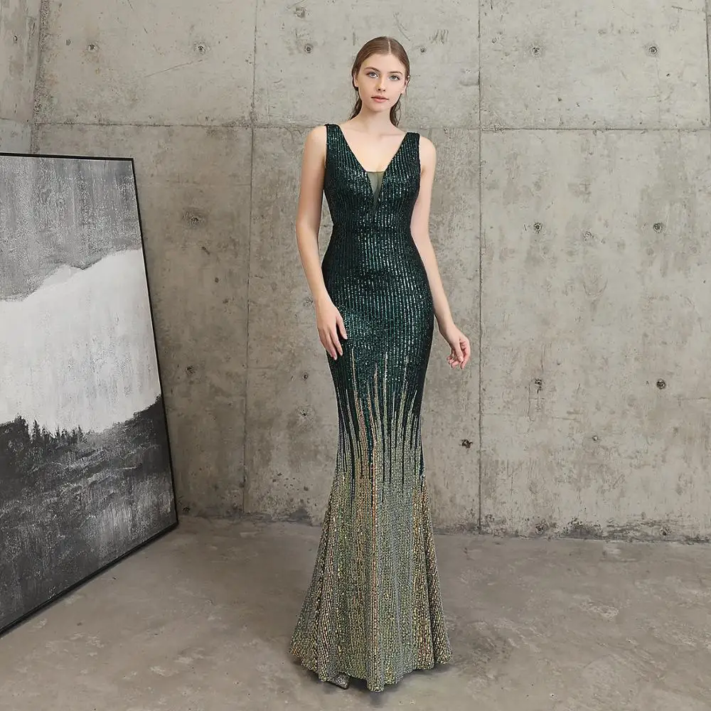 AE727 Robe De Soiree сверкающие великолепные вечерние платья цвета красного вина с длинным v-образным вырезом, сексуальное элегантное вечернее платье с блестками - Цвет: Зеленый