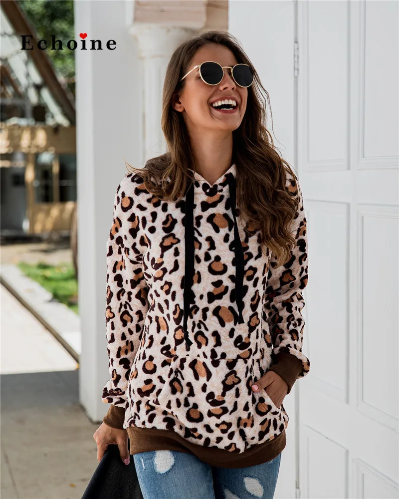 

Echoine Women Hoodie Leopard Print Hooded Long Sleeve Big Pocket Casual Sportswear Sweatshirt Warm Soft Pullovers Street Clothes
